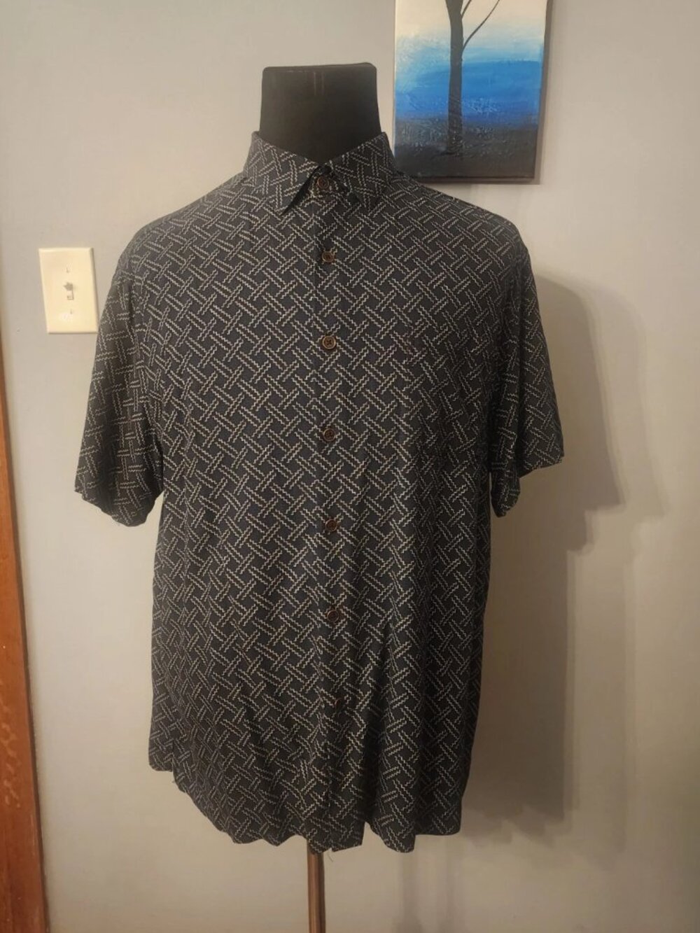 Nat Nast Mens Shirt Size XL Black Silk Blend Geometric Short Sleeve Button Up